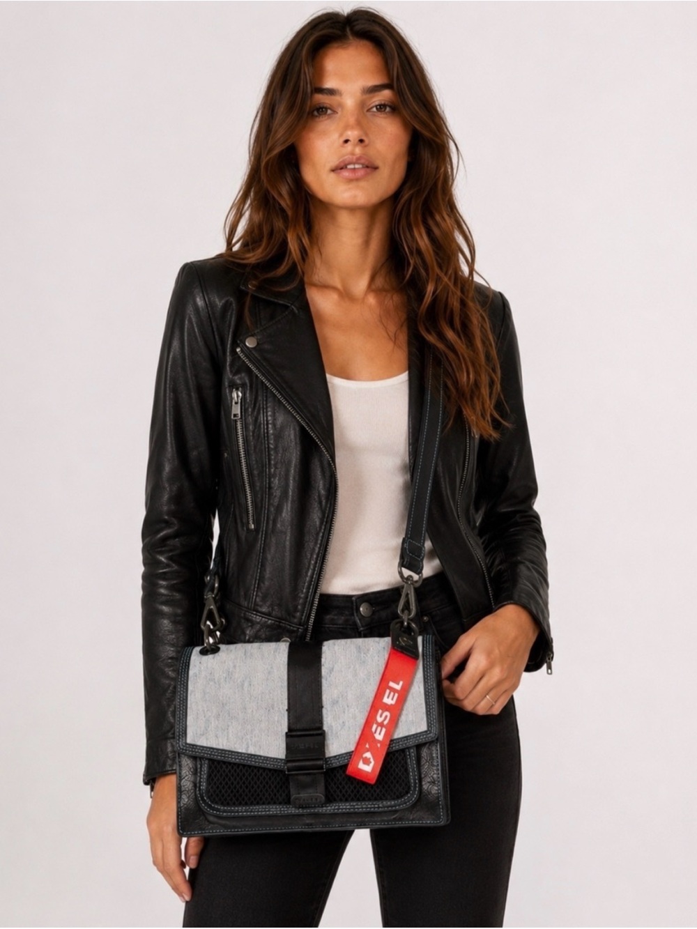 Diesel Miss-Match Denim & Black Leather Crossbody Messenger Bag NWT Rare
